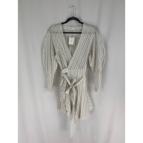 ALC Enzo Striped Puff Sleeve Wrap Dress Women's Size 12 New Cotton Silk - Picture 4 of 9